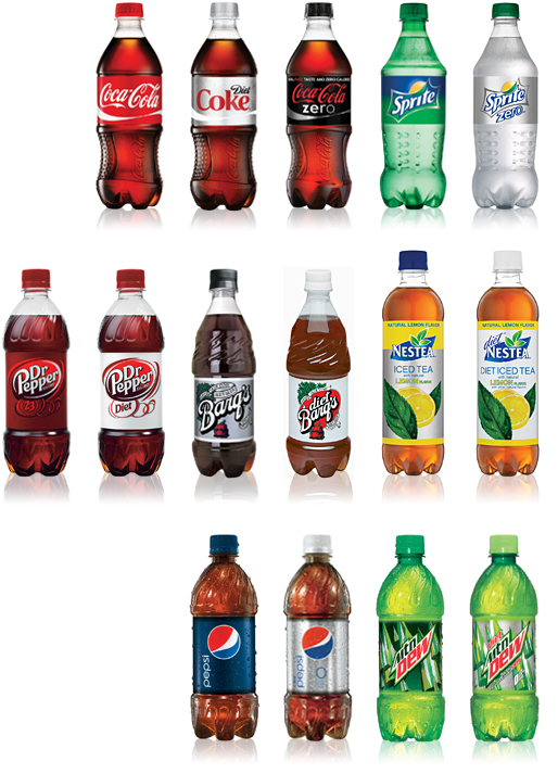 image | 20 oz bottles coca-cola, dr pepper, barq's nestea, pepsi, mtn dew
