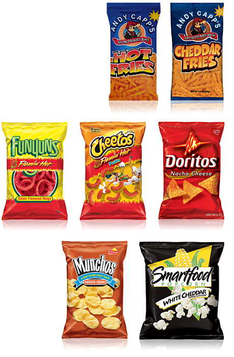 image | big chip bags | andy capps, funyuns, cheetos, doritos, muchos, smartfood popcorn